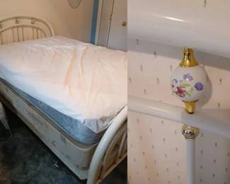 Full Size White Metal Bed with Porcelain Floral Accents