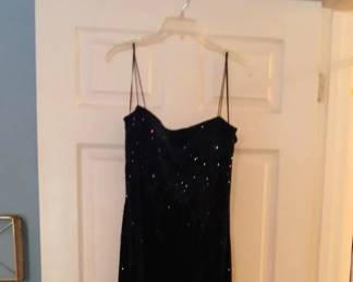 Dark Navy Velvet Beaded Evening Gown. Size 14.