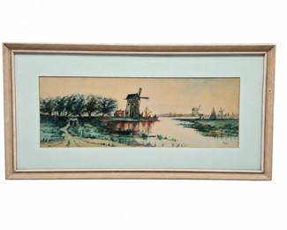 Glarefree framed windmill river scene