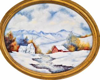 Oval GoldFrame Winter Farm Painting