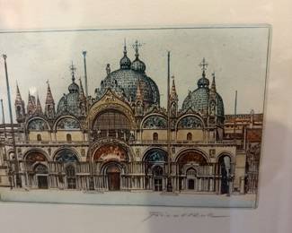 Vintage Framed Signed Hand Colored Basilica San Marco 