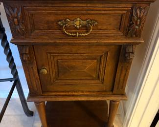 Antique French Carved Oak Bedside Table 