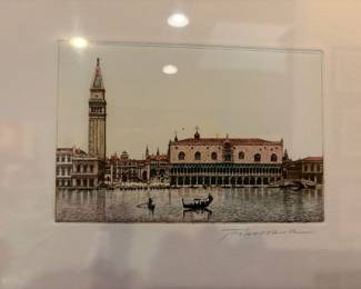 Hand Colored Venice Italy Etching Signed and Framed 