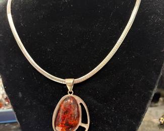 Stunning Modernist Baltic Amber Sterling Silver Oval Pendant