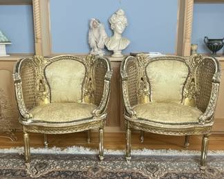 French Style Giltwood Caned Bergère Armchairs