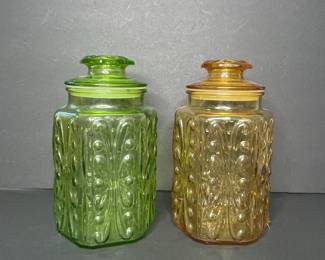 Vintage L.E. Smith Atterbury Scroll Glass Canisters