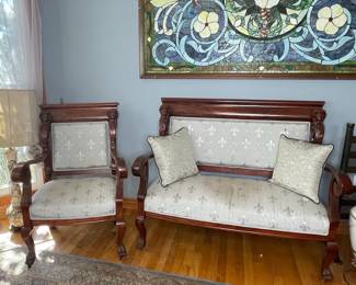 Empire Revival Parlor Settee and Armchair