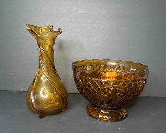 Vintage Indiana Glass Amber Diamond Point Footed Bowl and Twisted Vase