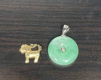 14k Gold Dog Charm and Jade Donut Pendant