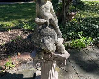 Cast Stone Cherub on Turtle Garden Statue