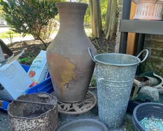 Terracotta Floor Vase and Galvanized Metal Bucket