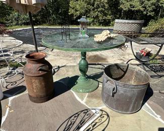 Vintage Metal Milk Can, Round Outdoor Table & Metal Bucket