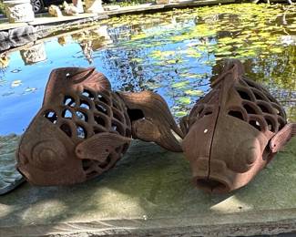 Vintage Japanese Cast Iron Koi Fish Hanging Garden Lanterns