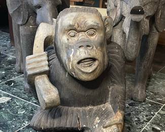 Hand-Carved Wooden Monkey and Elephant Sculptures