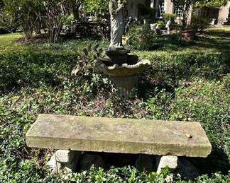 Weathered Cast Stone Garden Bench and Saint Joseph and Child Garden Fountain