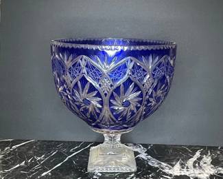 Bohemian Cobalt Blue Cut-to-Clear Crystal Large Footed Bowl