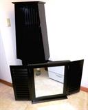 Small Display / book shelf unit with dark finish and open shelves storage / display;  Also shown is a nice Wall mirror with beveled mirror, dark finish frame and double shutter style doors;