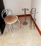 Wrought Iron Boudoir Chair with ornate wrought iron back and legs, and neutral colored cushioned seat.  Other items shown are also available.