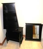Small Display / book shelf unit with dark finish and open shelves storage / display; Also shown is a small End Table with dark finish and doored storage;  Also shown is a nice Wall mirror with beveled mirror, dark finish frame and double shutter style doors;