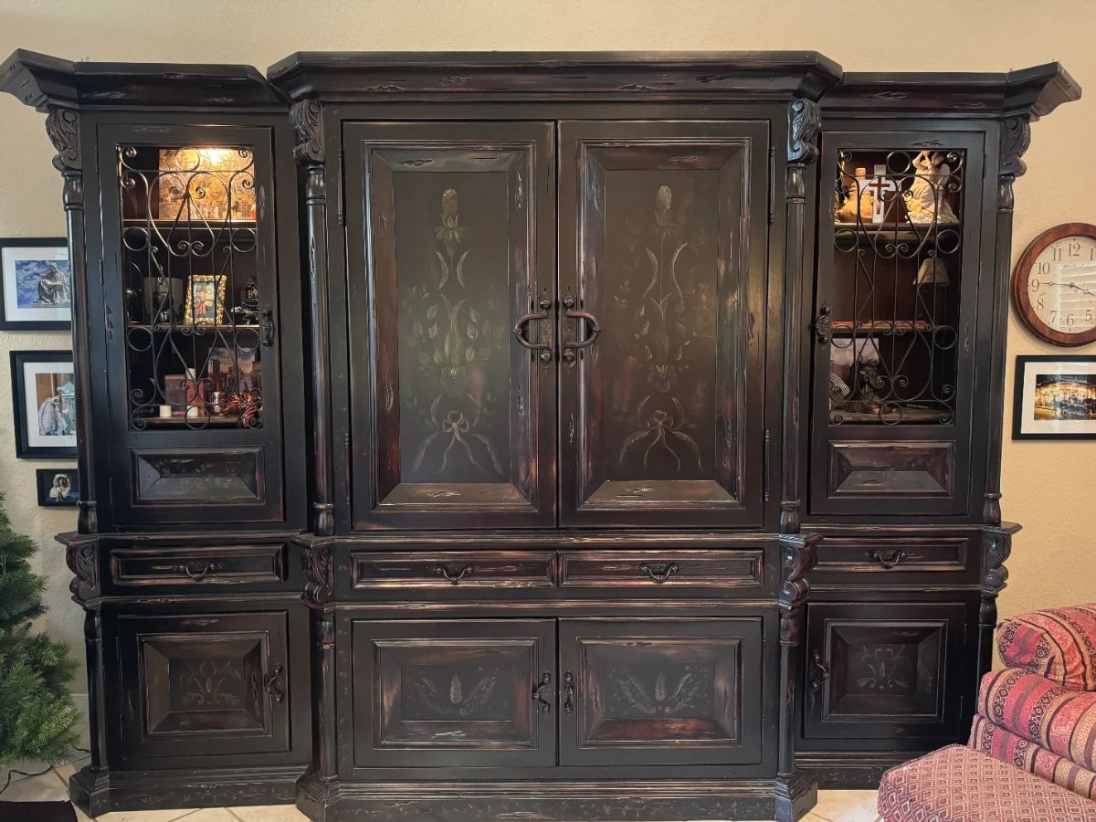 MaVita's 6 Piece Solid Wood Entertainment Center / Media Wall Unit - Built in lighting, decorative iron accents, display cabinets, drawers, lower storage cabinets, and a spacious TV/media compartment. Overall Dimensions: 134" L x 96" H x 34" D