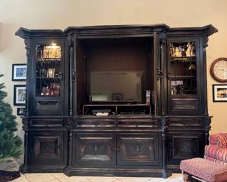 MaVita's 6 Piece Solid Wood Entertainment Center / Media Wall Unit - Built in lighting, decorative iron accents, display cabinets, drawers, lower storage cabinets, and a spacious TV/media compartment. Overall Dimensions: 134" L x 96" H x 34" D