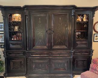 MaVita's 6 Piece Solid Wood Entertainment Center / Media Wall Unit - Built in lighting, decorative iron accents, display cabinets, drawers, lower storage cabinets, and a spacious TV/media compartment. Overall Dimensions: 134" L x 96" H x 34" D