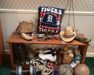 Vintage sports equipment & boot bench