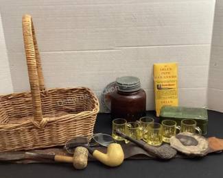 Vintage pipes, jar, shot glasses, etc. 