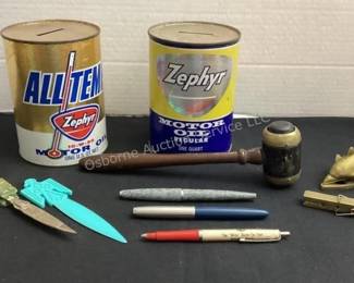 Vintage oil can banks, letter openers, brass