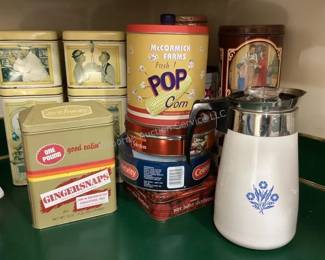 Vintage tins & Corning perculator
