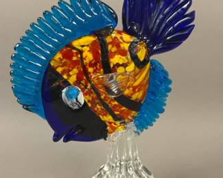 ART GLASS MULTI COLOR FISH SCULPTURE W WAVE BASE