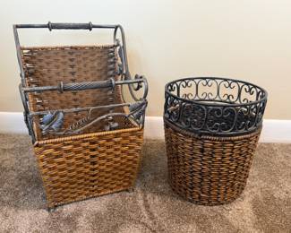 WICKER & METAL MAGAZINE RACK & WASTE BASKET