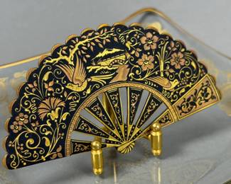 BRASS PYRAMID PAPERWEIGHT DAMASCENE MINI FAN & TRINKET DISH