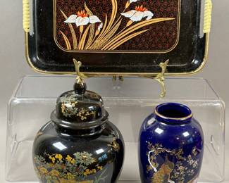 CERAMIC GINGER JAR & VASE JAPAN & LACQUERWARE TRAY