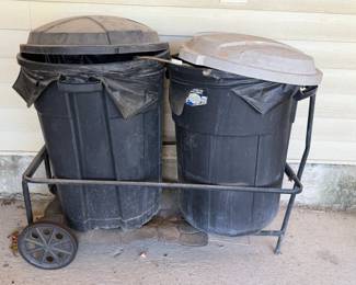 2 x 32 GALLON TRASH CANS W CART
