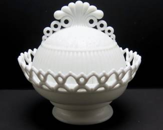 Beautiful Vintage Westmoreland "Doric Lace" Milk Glass Footed Candy / Chocolate Dish with Dome Lid