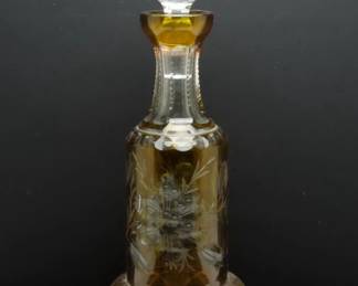 Beautiful Vintage Tall Bohemian Amber Cut to Clear Decanter with Stopper