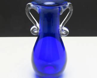 Double Handled Cobalt Blue Art Glass Vase - Made in Poland