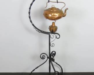 Antique Copper Swinging Tea Kettle with Burner on Wrought Iron Stand