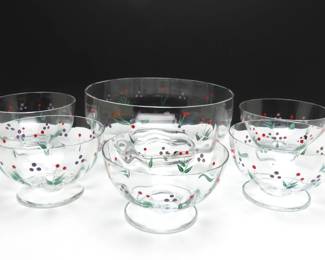Vintage 6 Piece Glass Cerve "Mistletoe" Fruit / Salad Bowl Set - Made in Italy