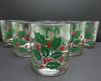 Lot of 6 Vintage Christmas "Holly" Rocks Glasses by Indiana Glass (1970's & 80's)