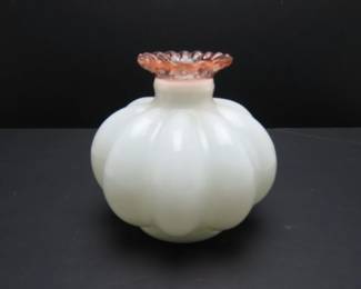 Vintage 1940's Fenton Milk Glass Melon Vase with Pink Ruffled Rim