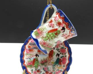 Vintage Japanese Porcelain Geisha Girl Tea Cup & Saucer on Stand