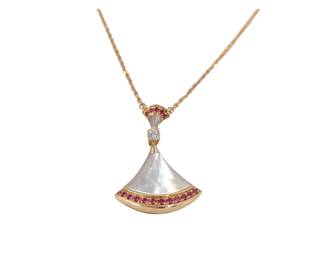 092 Bulgari Divas Dream MotherofPearl Ruby Diamond 18K Rose Gold Pendant Necklace