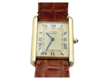 091 Cartier Must Tank Quartz Womens Watch with Roman Numerals Leather Strap