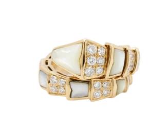 Bulgari Bvlgari Serpenti Diamond White Mother of Pearl Viper 18K Rose Gold Ring
