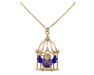 086 Cartier Vintage 18K Gold Parrot Cage Pendant Necklace with Amethyst, Lapis and Diamonds