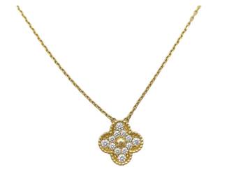 137 Van Cleef Arpels Vintage Alhambra Diamond Pave 18K Yellow Gold Pendant Necklace