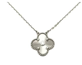 187 Van Cleef Arpels Vintage Alhambra Guilloche Diamond 18K White Gold Pendant Necklace