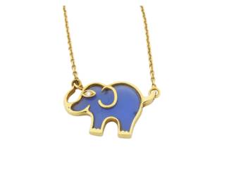 217 Van Cleef Arpels Vintage Blue Agate Diamond Elephant 18K Yellow Gold Pendant Necklace